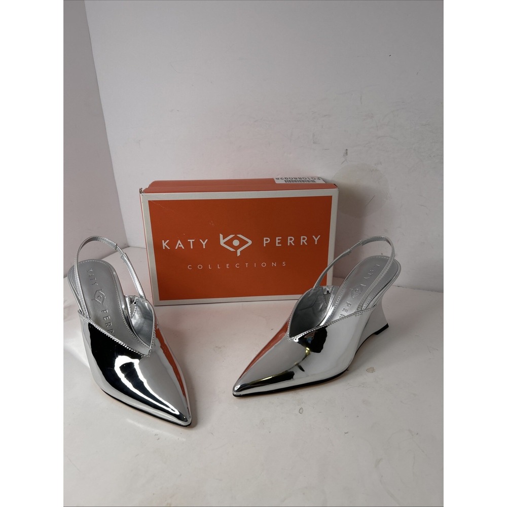 Katy Perry Trendy Girl Sling Back Wedge‎ Silver Sz 7